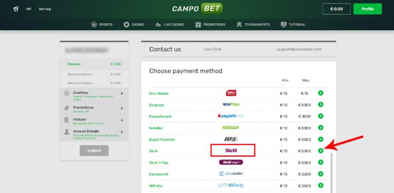 How to deposit with Skrill in a casino? - Guide Step 3